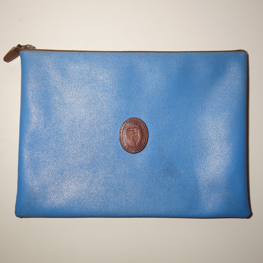 Vintage Trussardi Leather Turquoise Clutch Bag w/ Brown Patch, Size Large